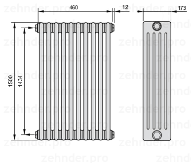 Схема (чертеж) Радиатор Zehnder Charleston 5150/10 №1270 Белый глянцевый RAL 9016